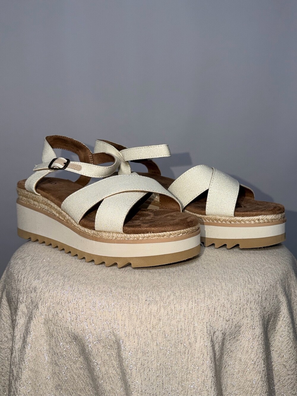 TOMS Diana Platform Espadrille Wedge Sandals Women's Cream Canvas Size 8